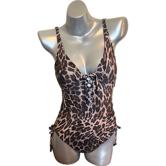 Bar III One Piece Swimsuit Sz Small Brown Leopard Print Lace Up Sides Womens NEW - Picture 2 of 9
